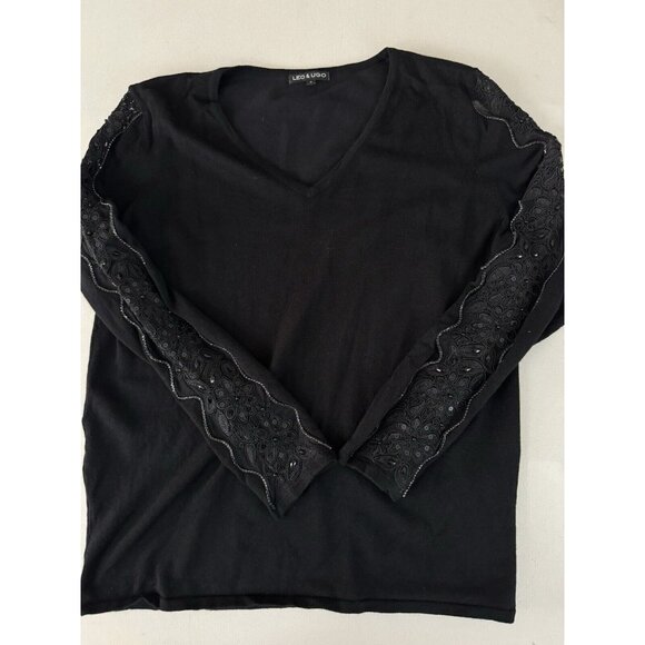 LEO & UGO Black V-Neck Sweater With Lace/Bead/Sequin Detail On Sleeves Sz XL - Picture 6 of 8